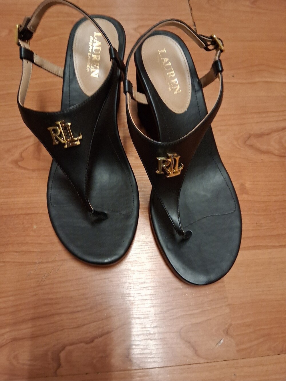 Lauren Ralph Lauren Black Leather Thong Sandals with Gold RLL Emblem